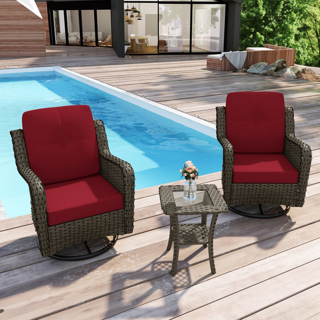 Ensemble de 3 chaises à bascule pivotantes et rembourrées en rotin pour patio avec table d'appoint