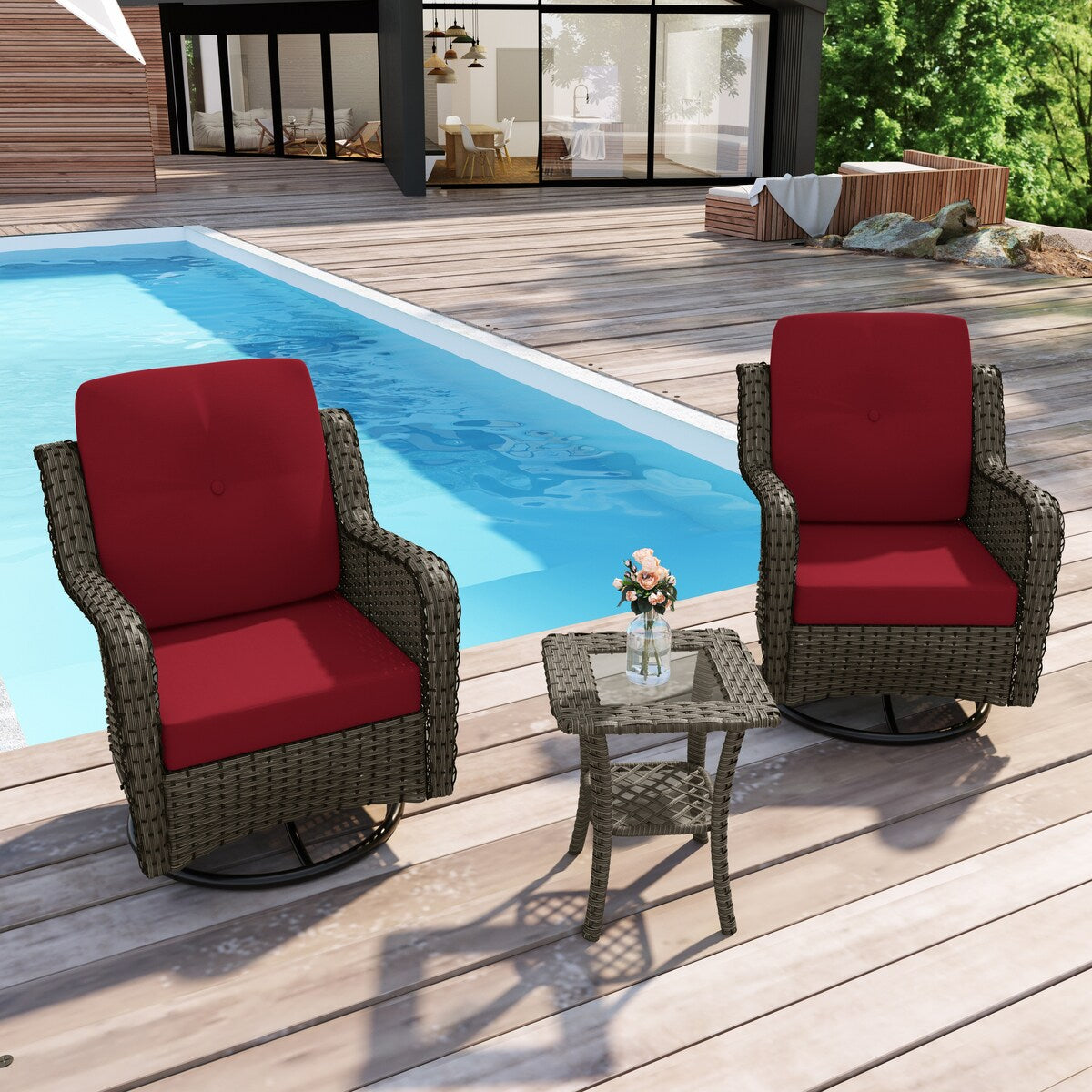 Ensemble de 3 chaises à bascule pivotantes et rembourrées en rotin pour patio avec table d'appoint