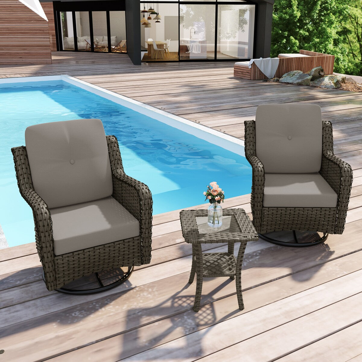 Ensemble de 3 chaises à bascule pivotantes et rembourrées en rotin pour patio avec table d'appoint