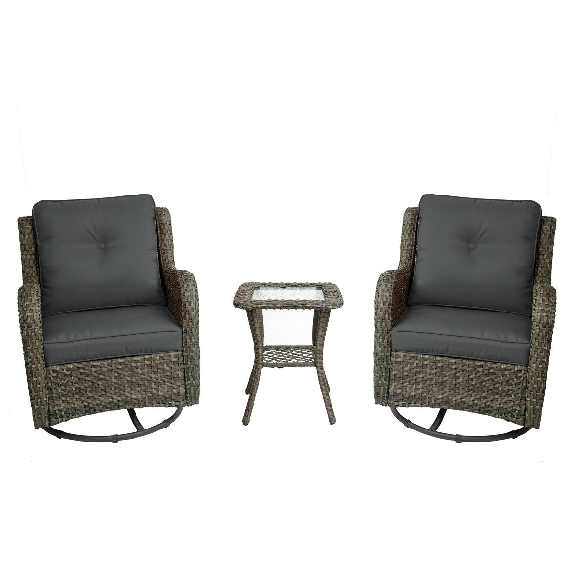 Ensemble de 3 chaises à bascule pivotantes et rembourrées en rotin pour patio avec table d'appoint