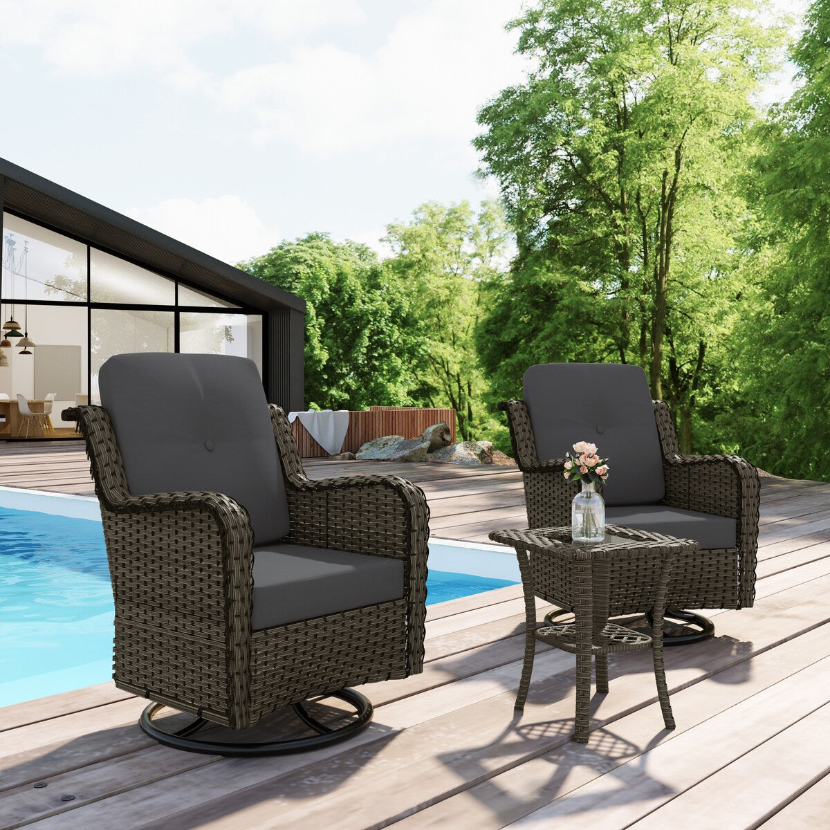 Ensemble de 3 chaises à bascule pivotantes et rembourrées en rotin pour patio avec table d'appoint