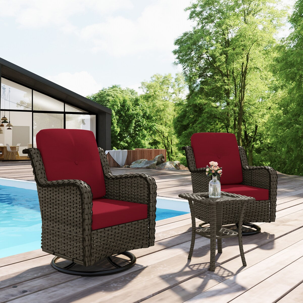 Ensemble de 3 chaises à bascule pivotantes et rembourrées en rotin pour patio avec table d'appoint