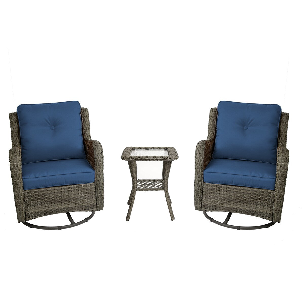 Ensemble de 3 chaises à bascule pivotantes et rembourrées en rotin pour patio avec table d'appoint