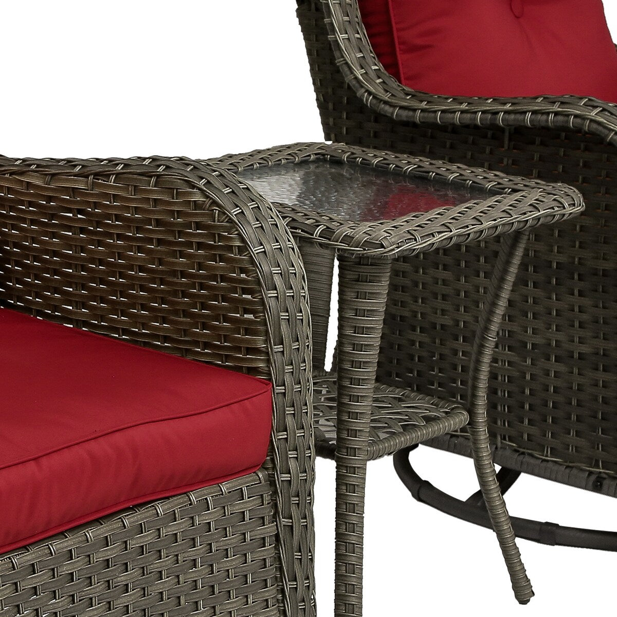 Ensemble de 3 chaises à bascule pivotantes et rembourrées en rotin pour patio avec table d'appoint