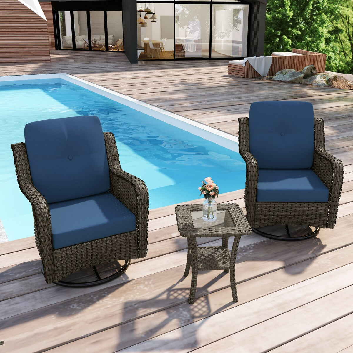 Ensemble de 3 chaises à bascule pivotantes et rembourrées en rotin pour patio avec table d'appoint
