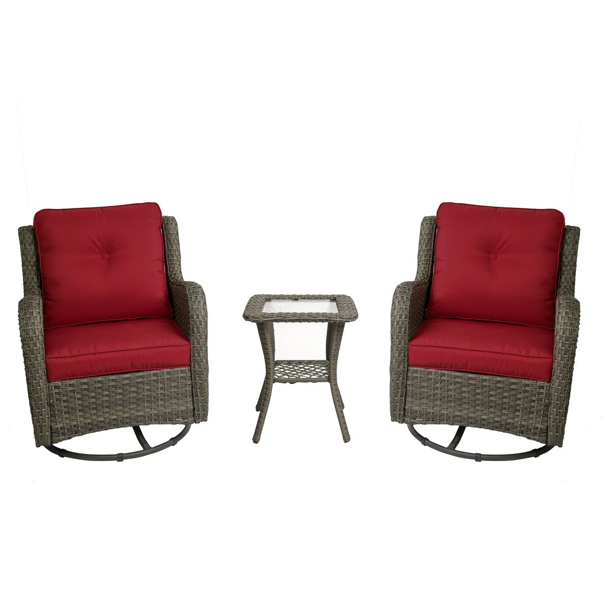 Ensemble de 3 chaises à bascule pivotantes et rembourrées en rotin pour patio avec table d'appoint