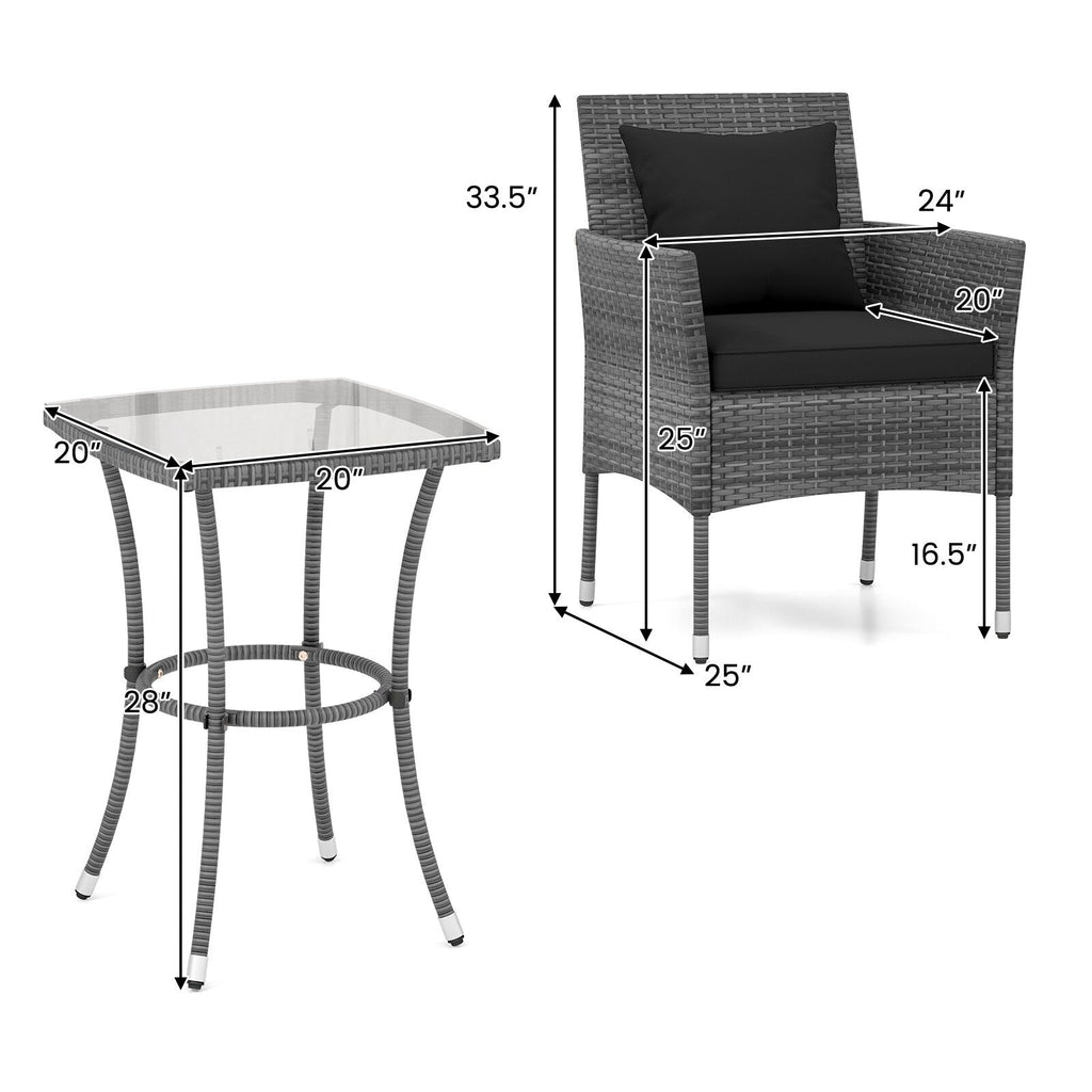 3 Piece Patio Set with Cushioned Chairs and Glass Top Coffee Table - 20 x 20 x 28