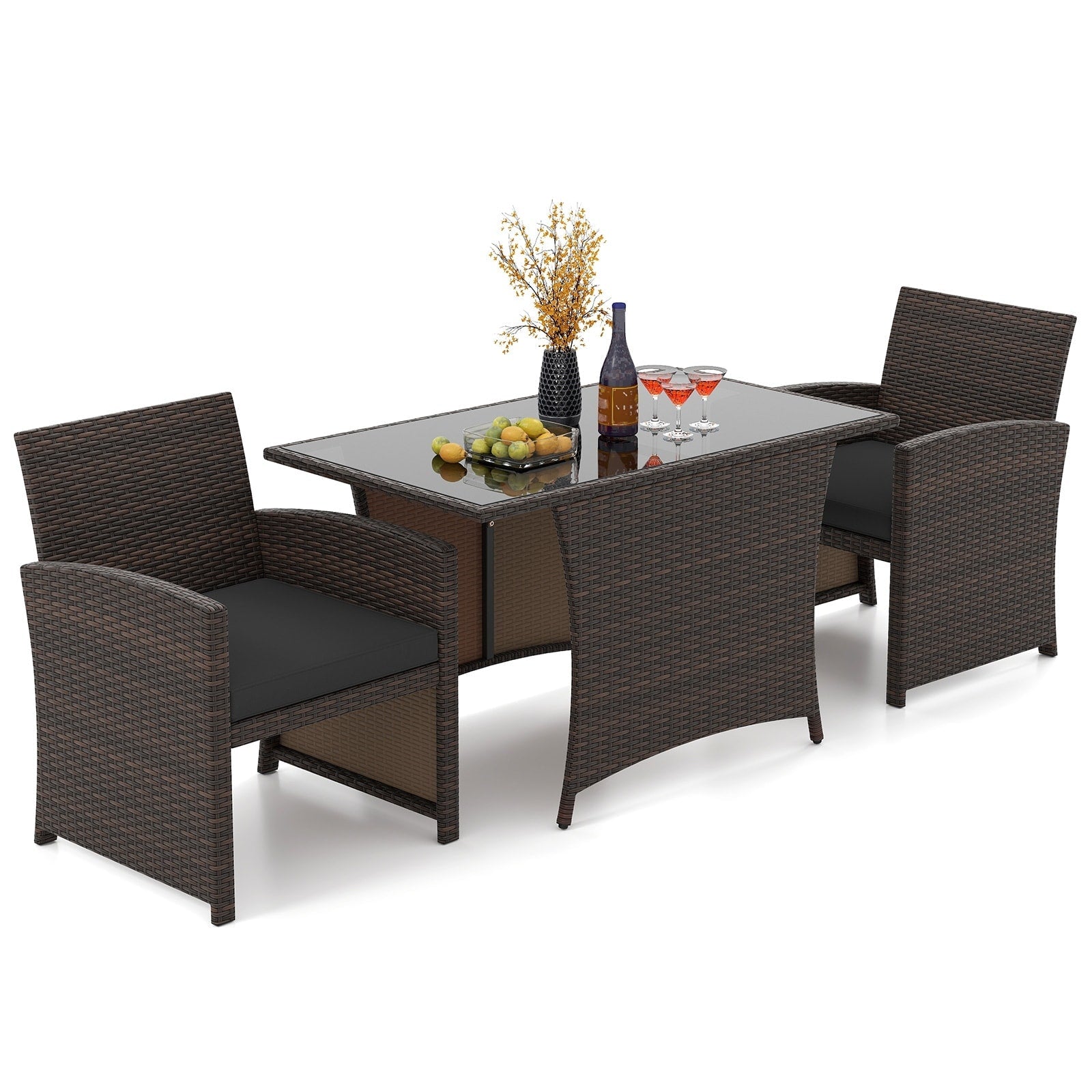 3 Piece Patio Wicker Dining Set with Glass Table and Cushioned Chairs - 25 x 23.5 x 31