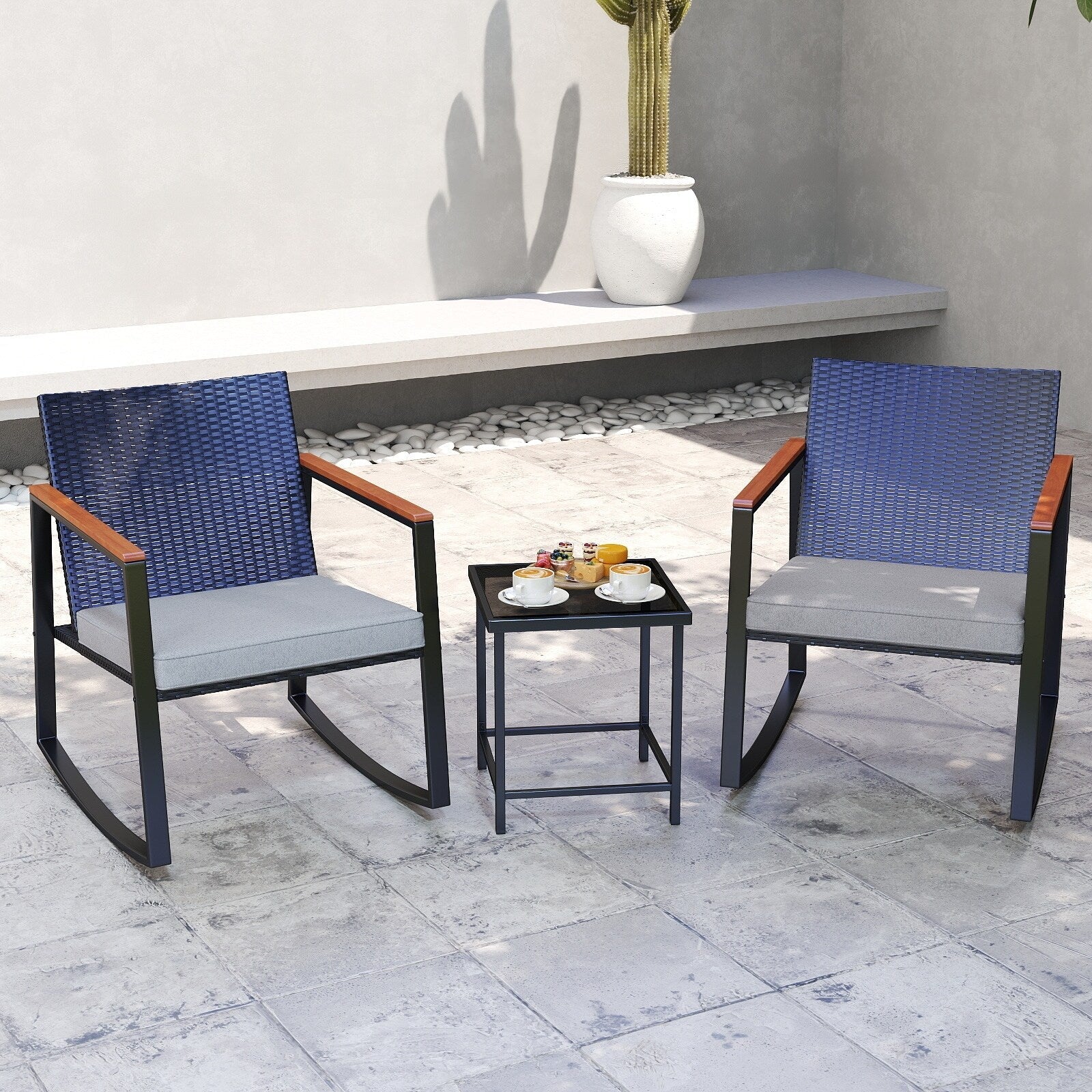 3 Piece Rocking Patio Bistro Set Wicker, Rocking Chair Pub Set with Glass Table