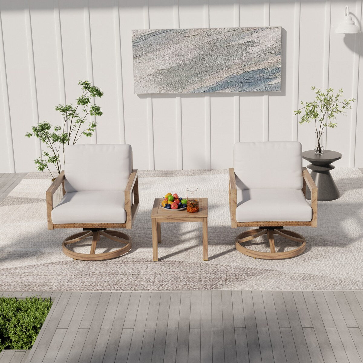 3-Piece Wood-grain Aluminum Patio Conversation Set with Swivel Chairs, Rattan Chair Back and Cushions