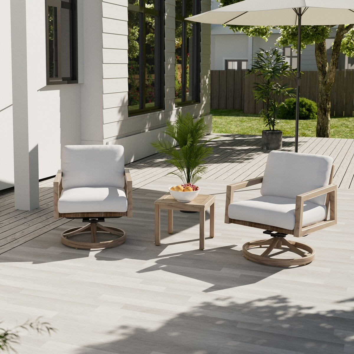3-Piece Wood-grain Aluminum Patio Conversation Set with Swivel Chairs, Rattan Chair Back and Cushions