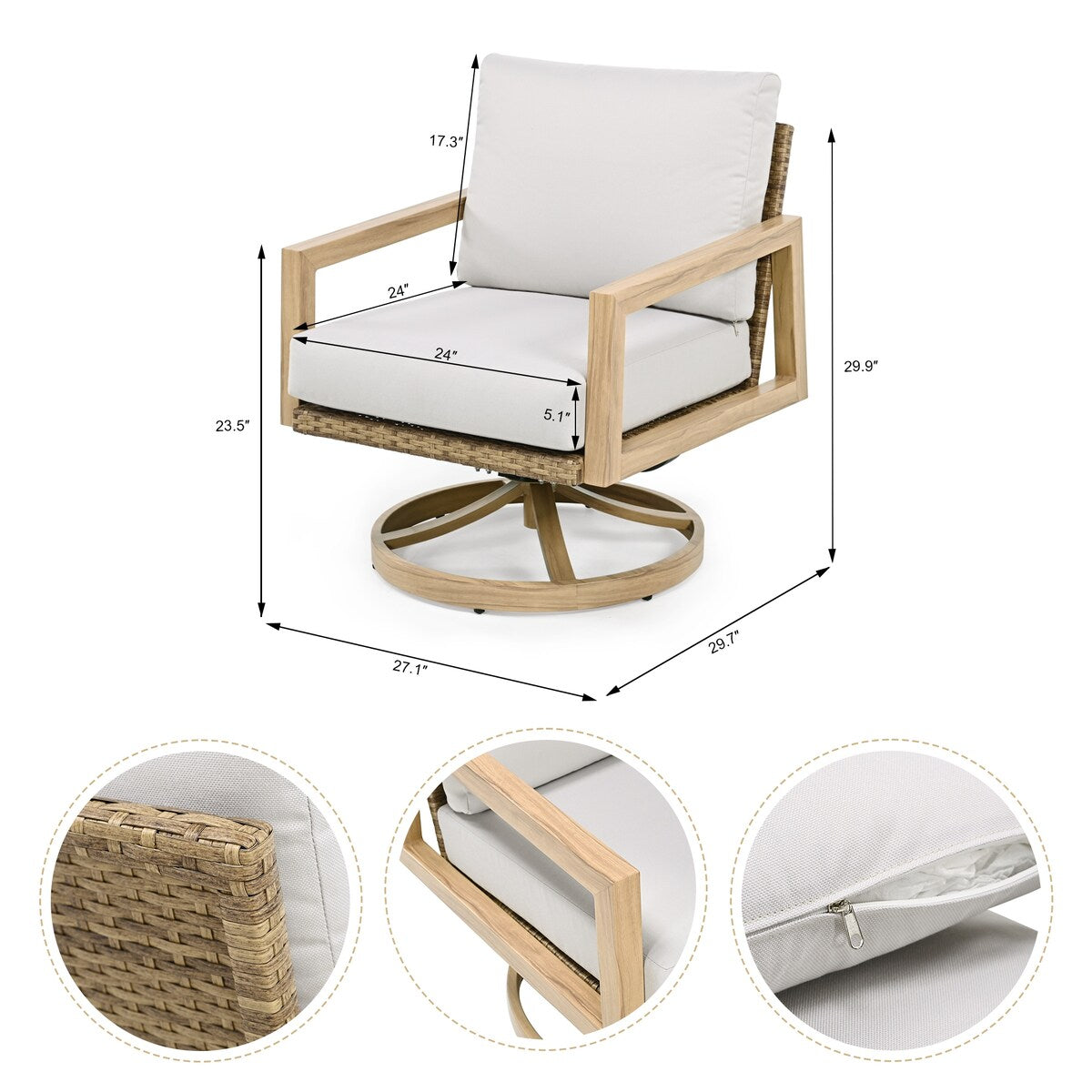 3-Piece Wood-grain Aluminum Patio Conversation Set with Swivel Chairs, Rattan Chair Back and Cushions