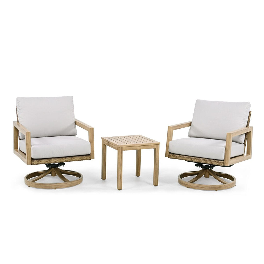3-Piece Wood-grain Aluminum Patio Conversation Set with Swivel Chairs, Rattan Chair Back and Cushions