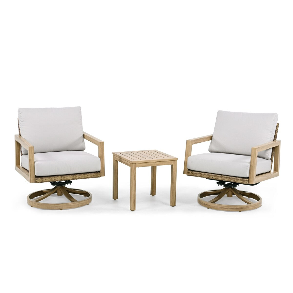 3-Piece Wood-grain Aluminum Patio Conversation Set with Swivel Chairs, Rattan Chair Back and Cushions