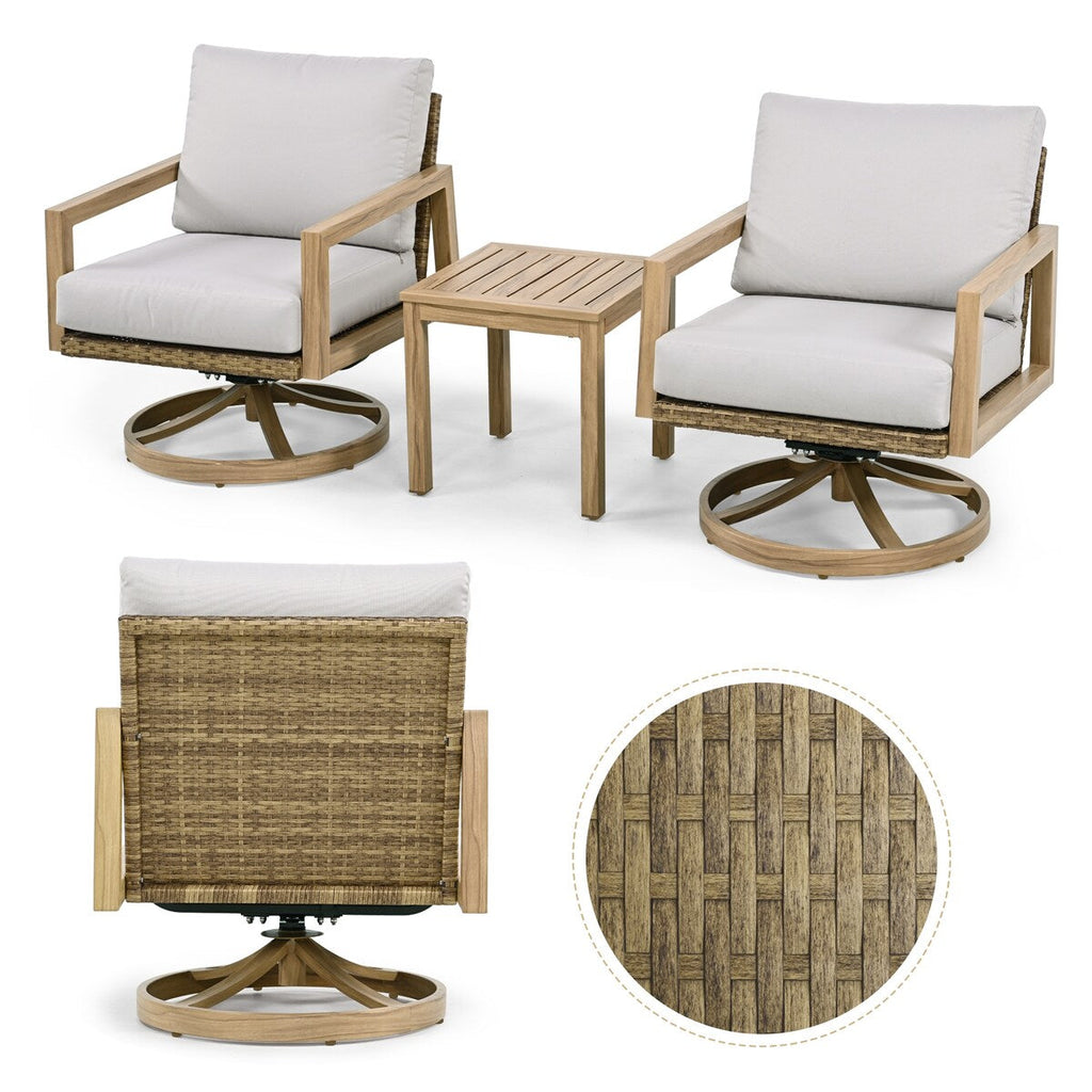 3-Piece Wood-grain Aluminum Patio Conversation Set with Swivel Chairs, Rattan Chair Back and Cushions