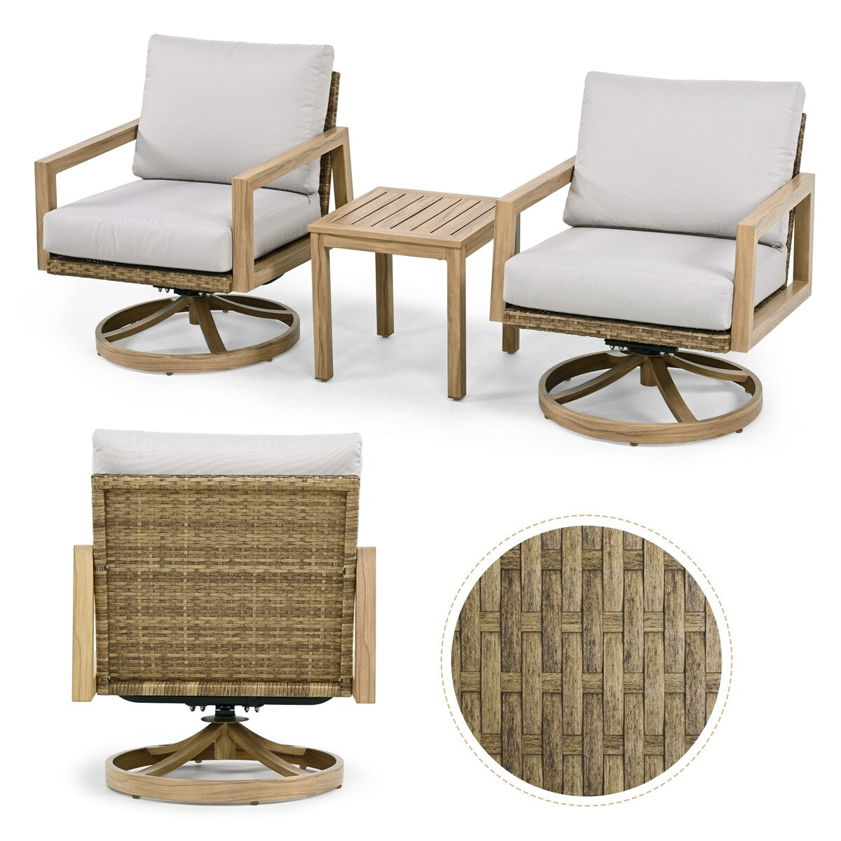 3-Piece Wood-grain Aluminum Patio Conversation Set with Swivel Chairs, Rattan Chair Back and Cushions