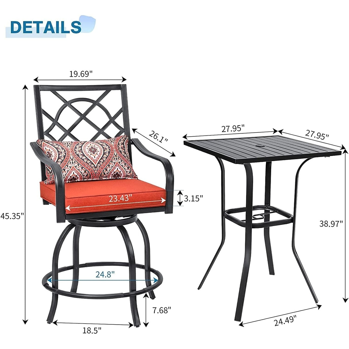 3-Piece Outdoor Patio Metal High Seating Swivel Bistro Set - 3-Pieces