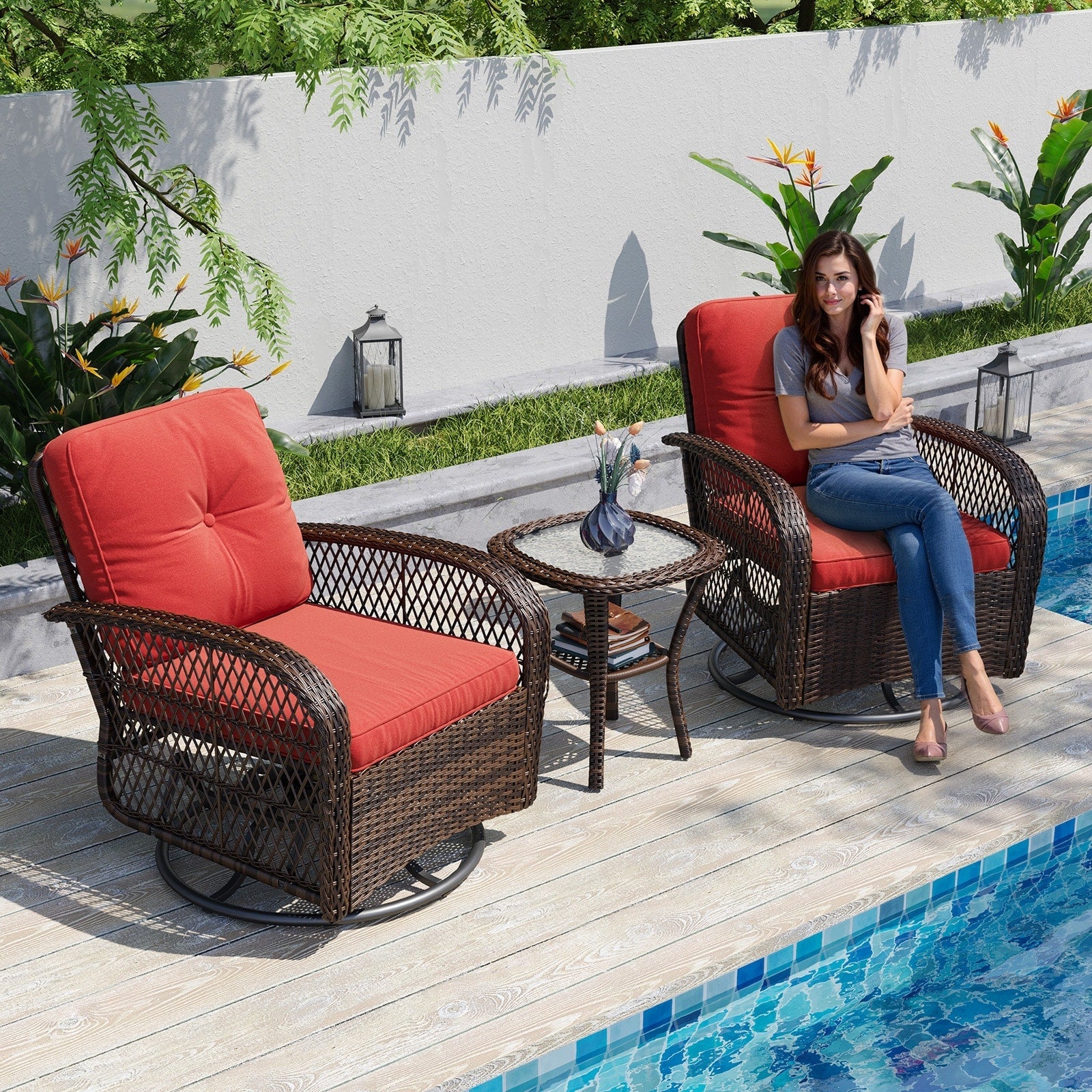 3 Pieces Patio Furniture Set, Patio Swivel Rocker Chairs Set of 2