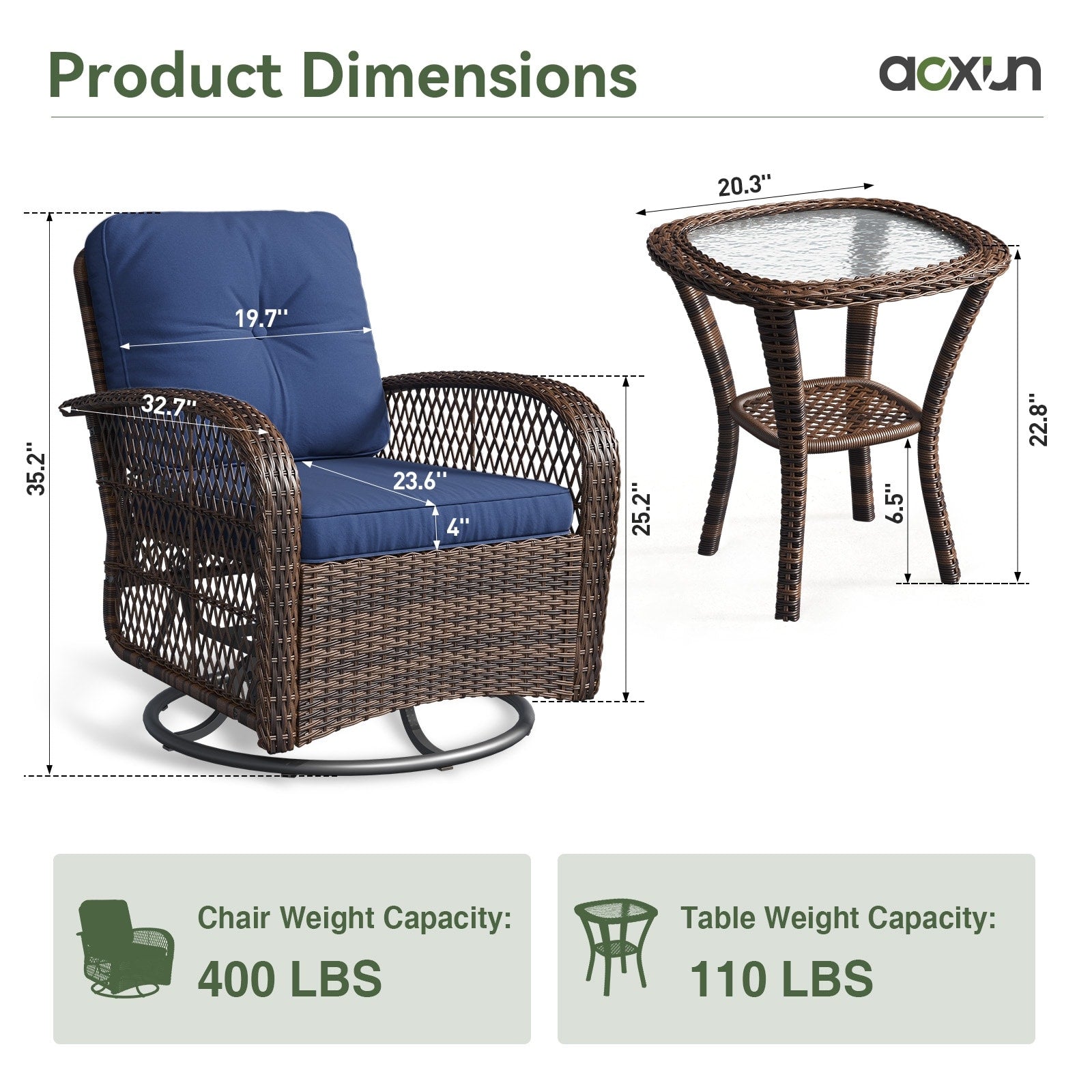 3 Pieces Patio Furniture Set, Patio Swivel Rocker Chairs Set of 2
