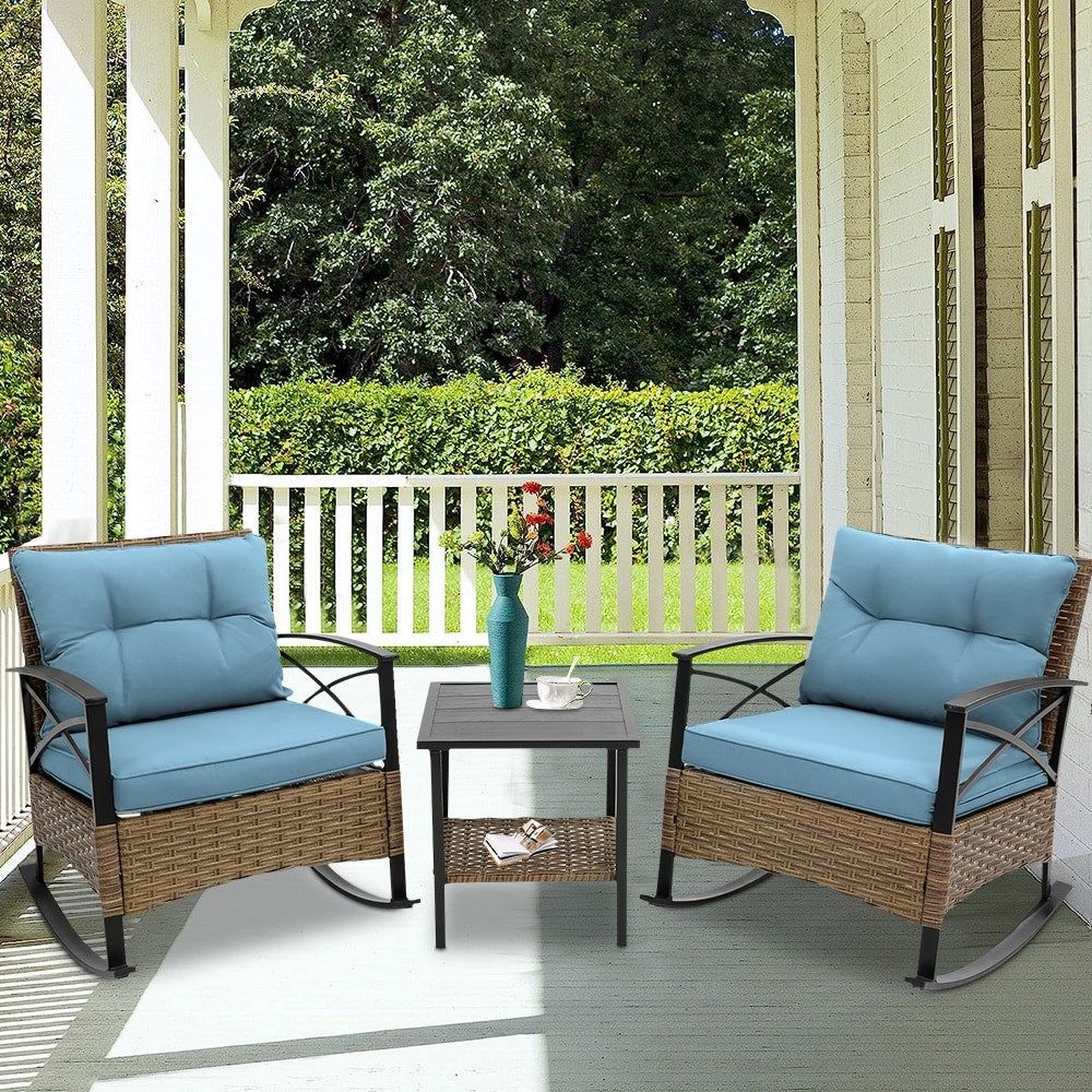 Ensemble de jardin 3 pièces en rotin à bascule avec coussins (1 table, 2 chaises à bascule)