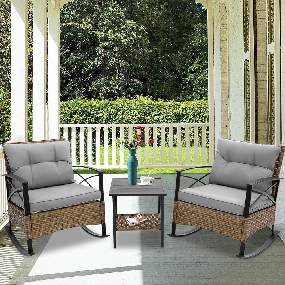 Ensemble de jardin 3 pièces en rotin à bascule avec coussins (1 table, 2 chaises à bascule)