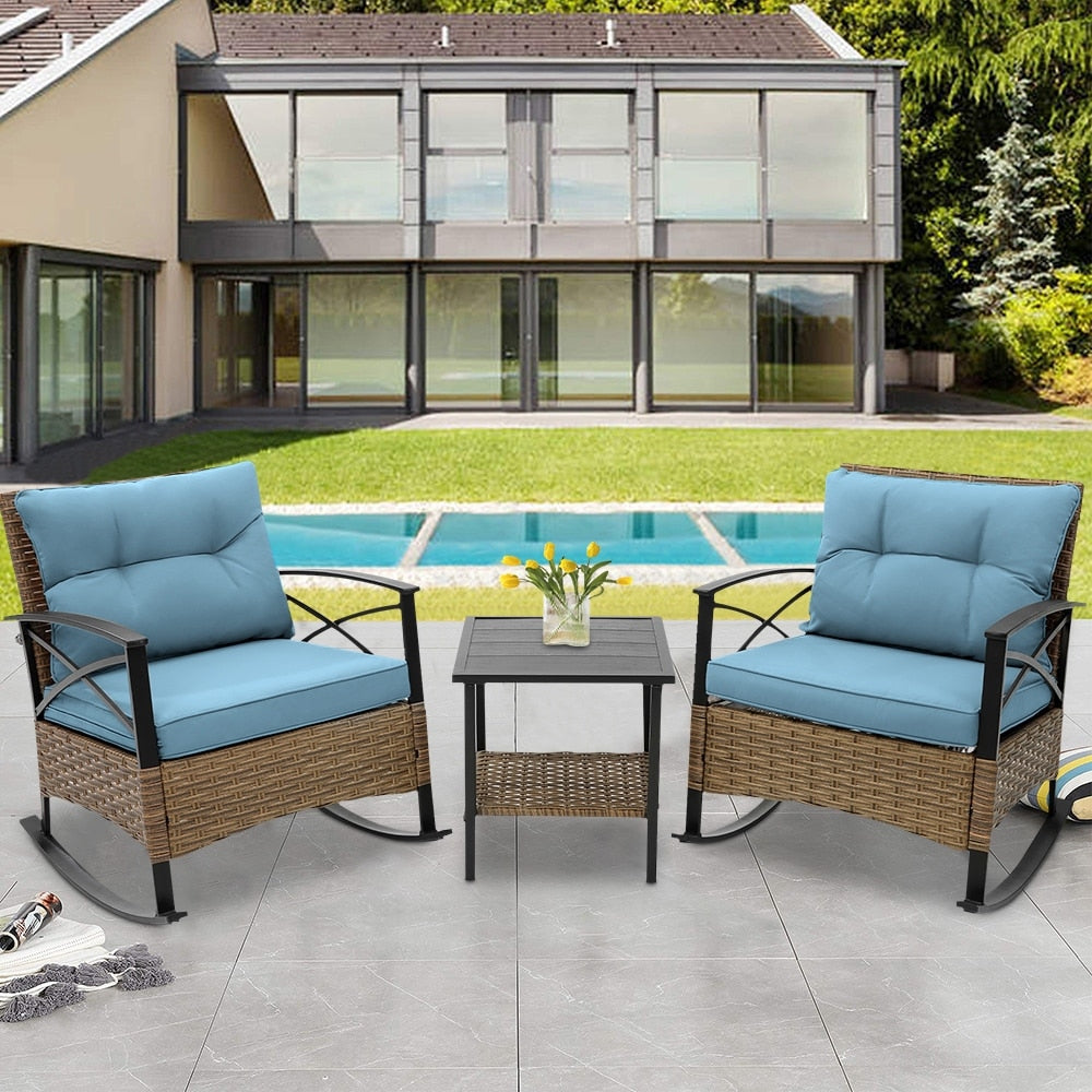 Ensemble de jardin 3 pièces en rotin à bascule avec coussins (1 table, 2 chaises à bascule)
