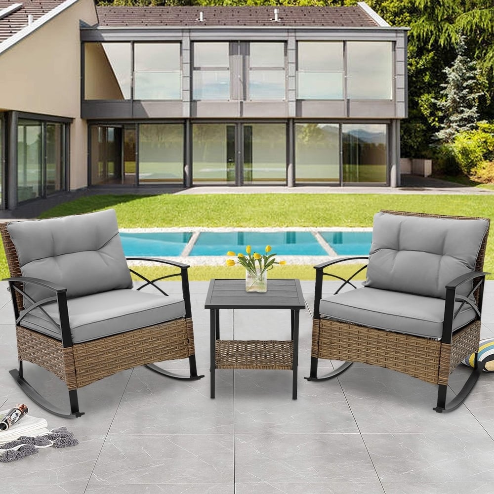 Ensemble de jardin 3 pièces en rotin à bascule avec coussins (1 table, 2 chaises à bascule)