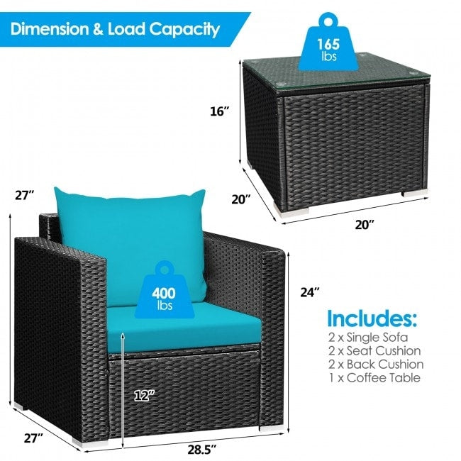 3 Pieces Patio wicker Furniture Set with Cushion - 28.5 x 27.5 x 27 (L x W x H)