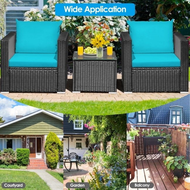 3 Pieces Patio wicker Furniture Set with Cushion - 28.5 x 27.5 x 27 (L x W x H)