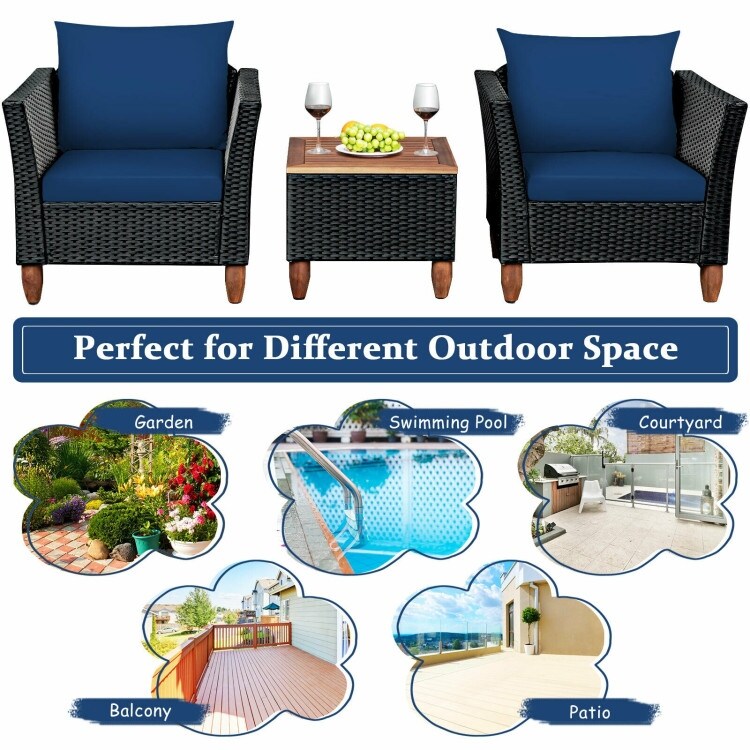 3 Pieces Patio wicker Furniture Set with Cushion - 28.5 x 27.5 x 27 (L x W x H)