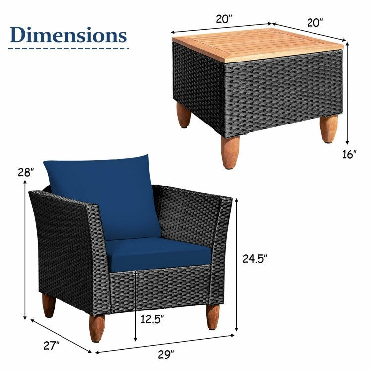 3 Pieces Patio wicker Furniture Set with Cushion - 28.5 x 27.5 x 27 (L x W x H)