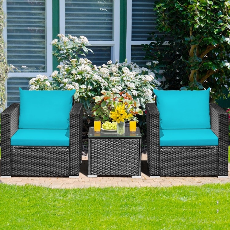 3 Pieces Patio wicker Furniture Set with Cushion - 28.5 x 27.5 x 27 (L x W x H)