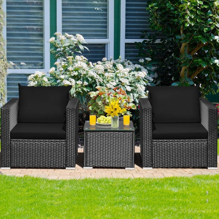 3 Pieces Patio wicker Furniture Set with Cushion - 28.5 x 27.5 x 27 (L x W x H)