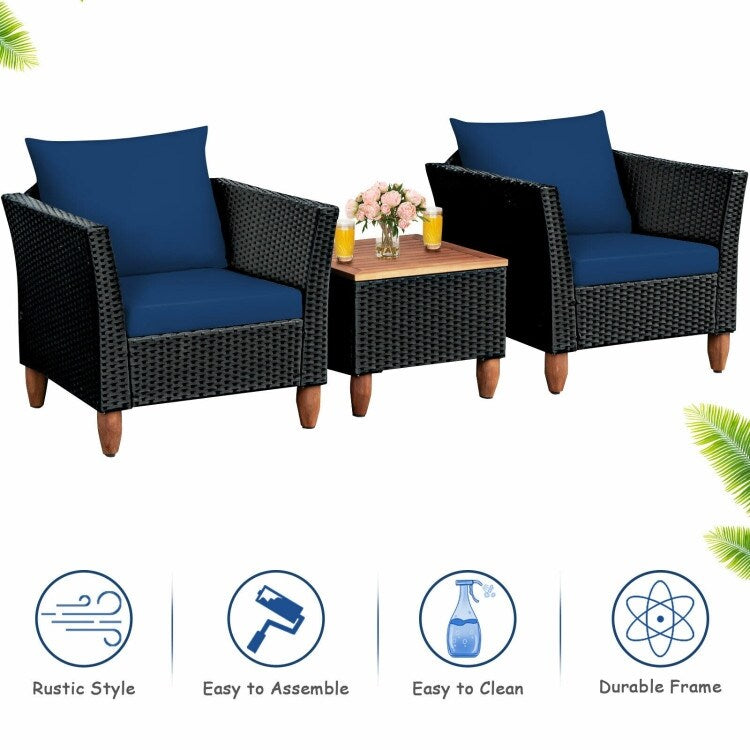 3 Pieces Patio wicker Furniture Set with Cushion - 28.5 x 27.5 x 27 (L x W x H)