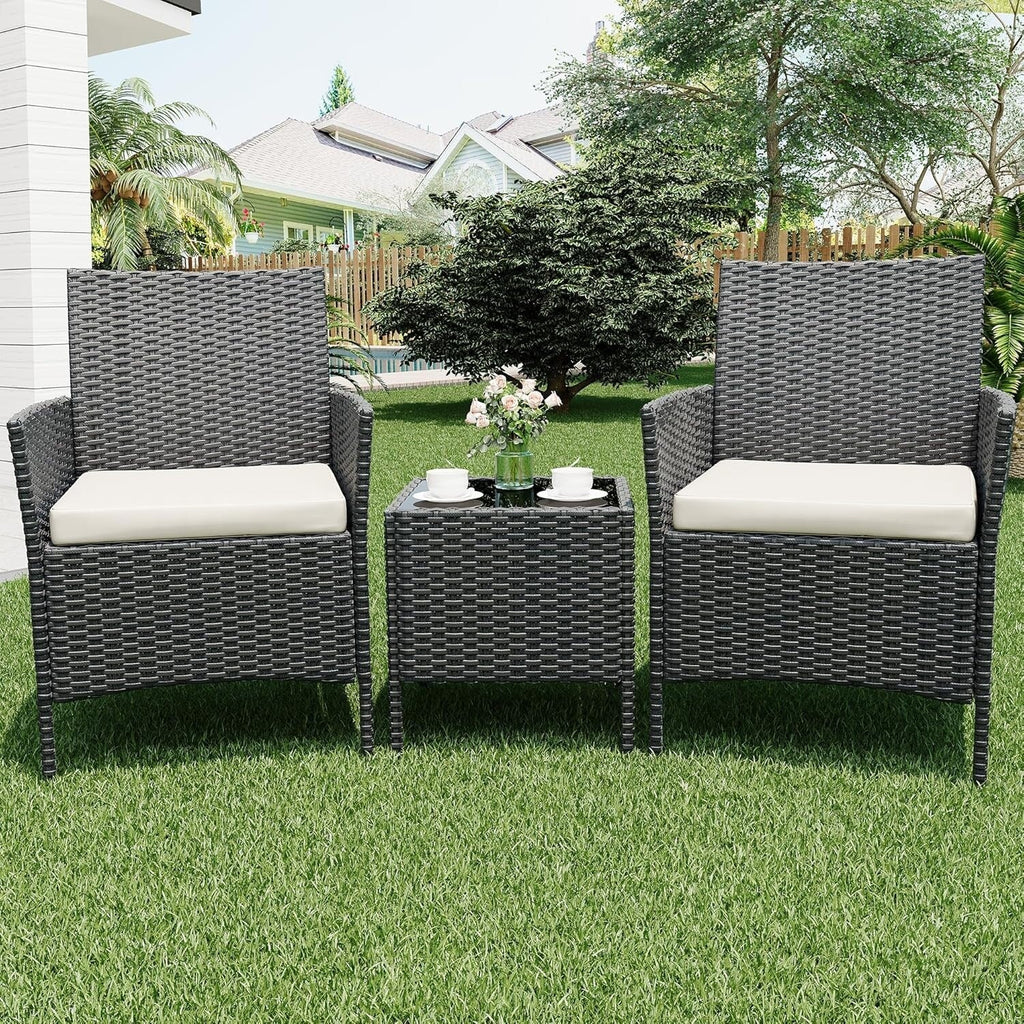 3 Pieces Rattan Wicker Chairs with Glass Coffee Table