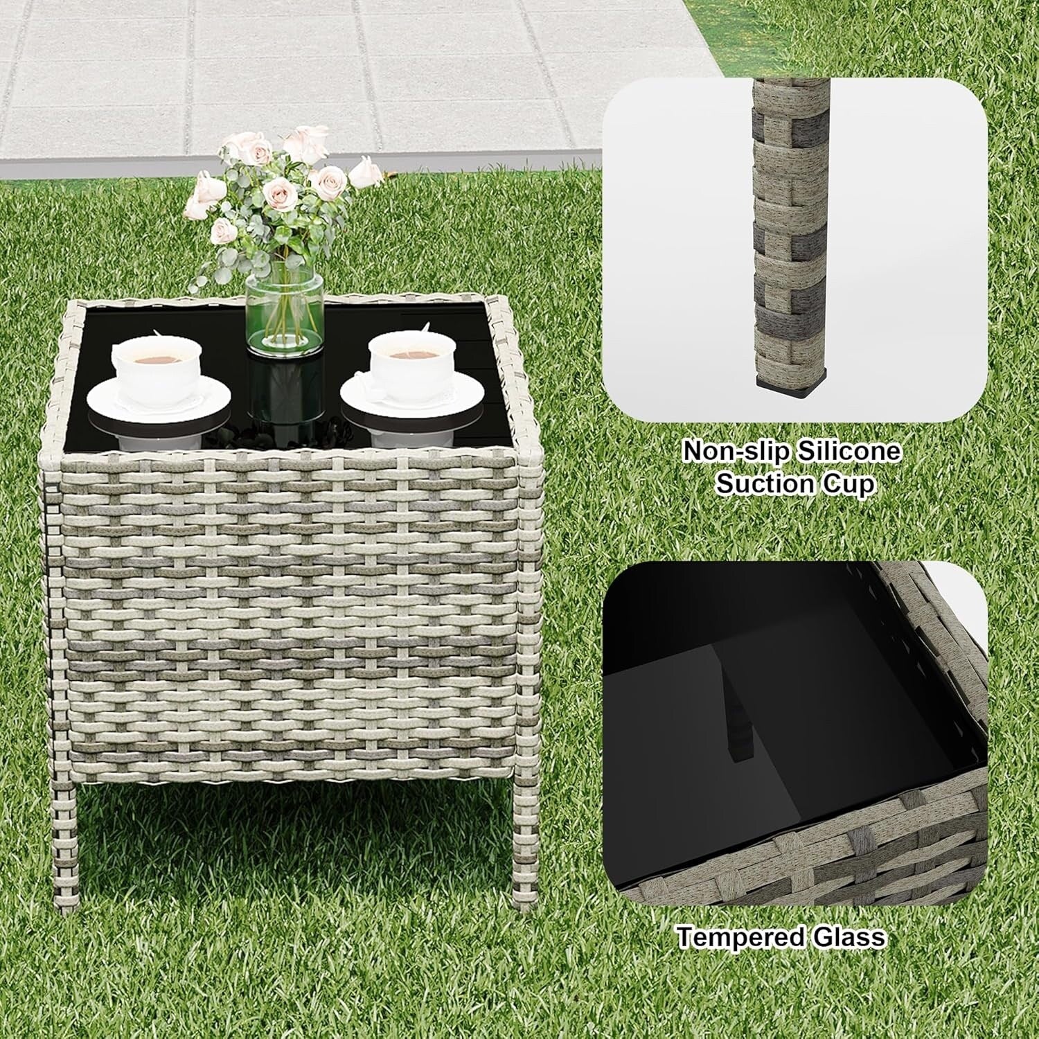 3 Pieces Rattan Wicker Chairs with Glass Coffee Table