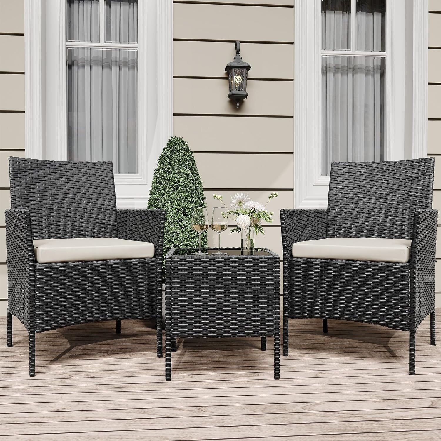 3 Pieces Rattan Wicker Chairs with Glass Coffee Table
