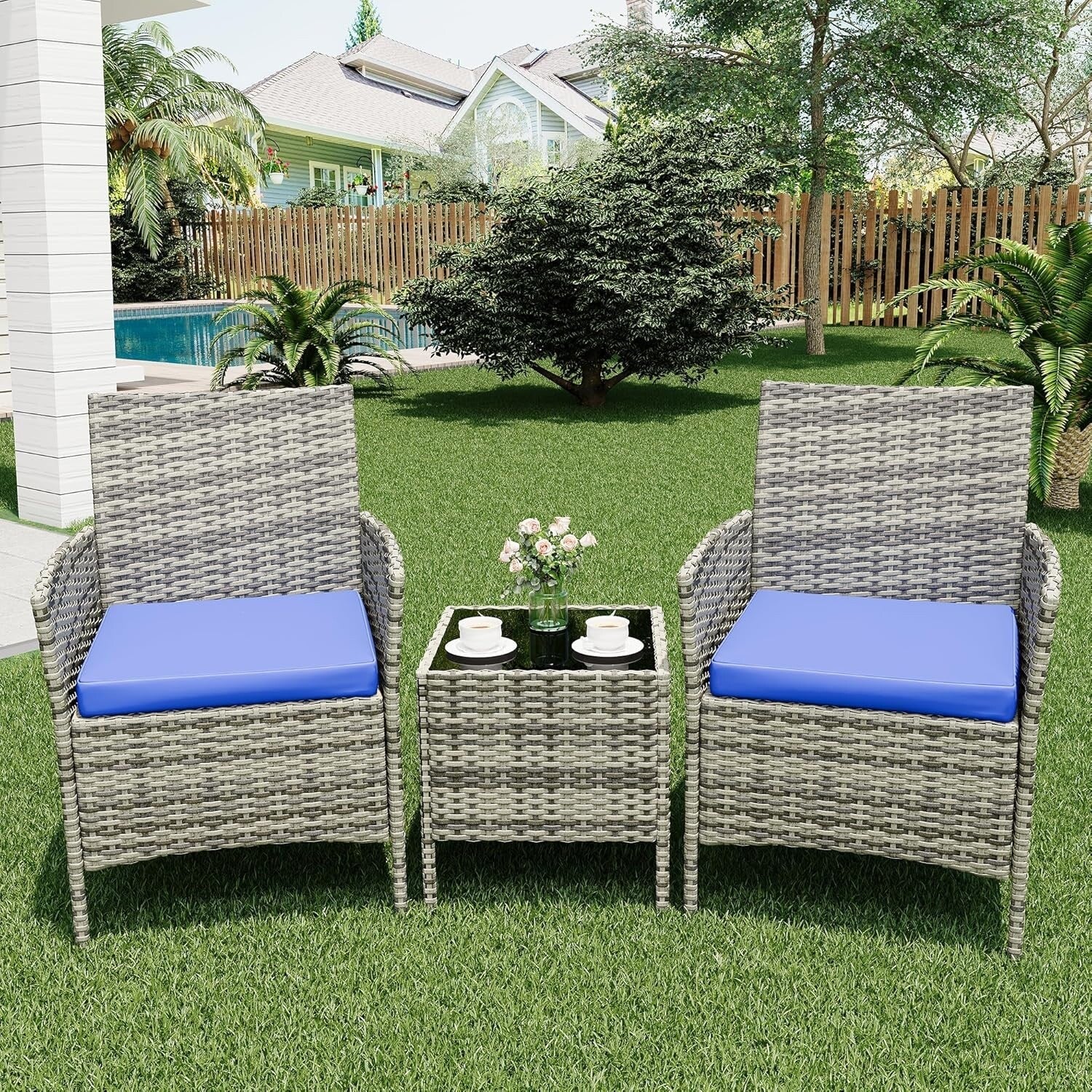 3 Pieces Rattan Wicker Chairs with Glass Coffee Table
