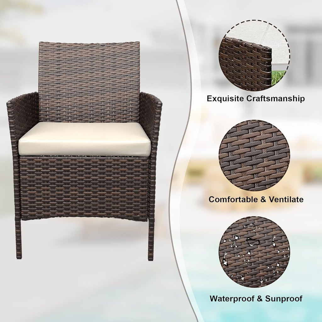 3 Pieces Rattan Wicker Chairs with Glass Coffee Table