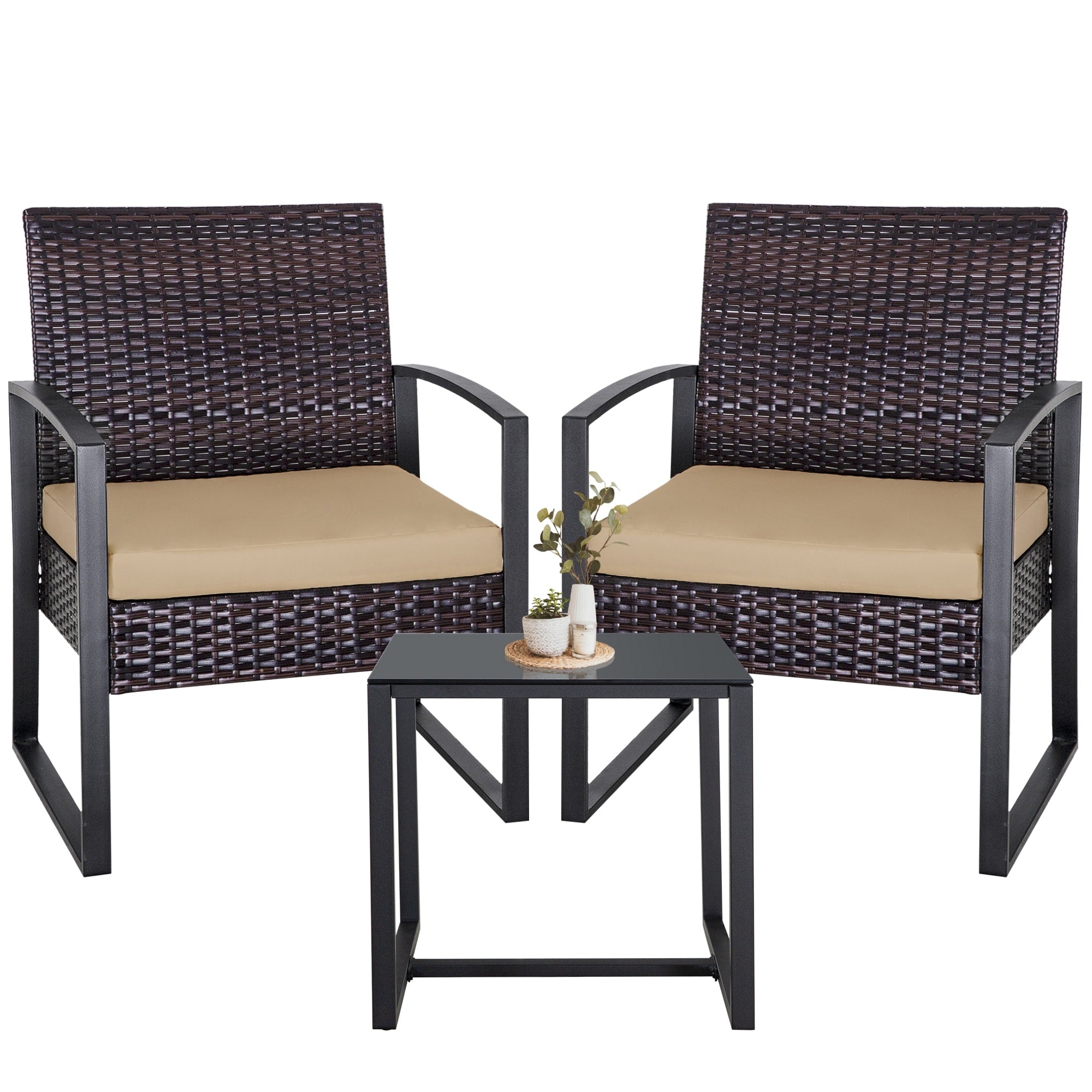 Ensemble de 3 chaises de jardin en osier avec coussins