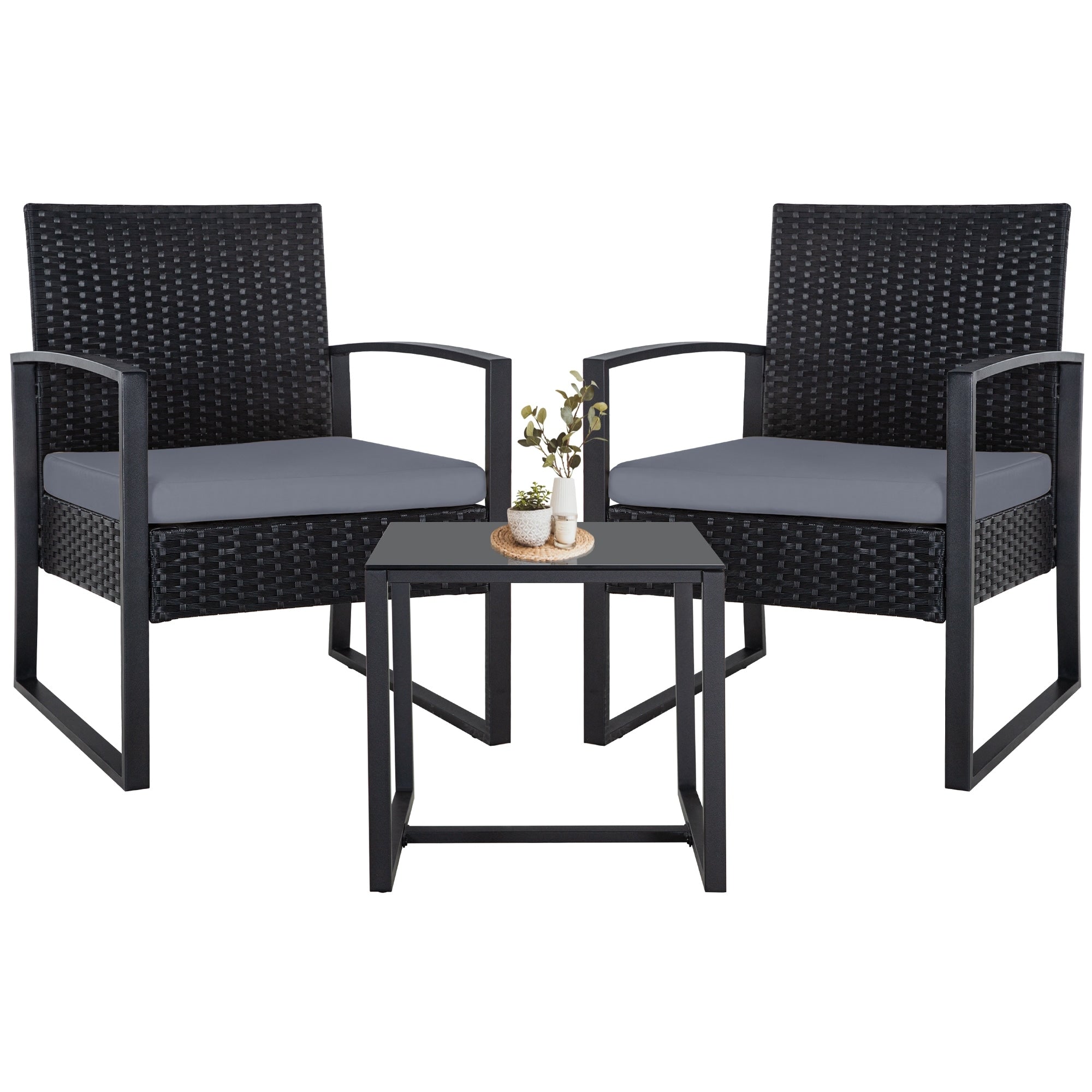 Ensemble de 3 chaises de jardin en osier avec coussins