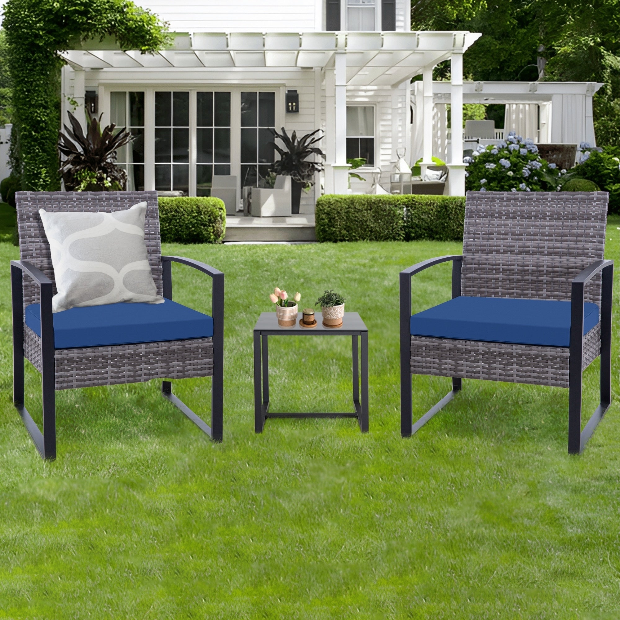 Ensemble de 3 chaises de jardin en osier avec coussins