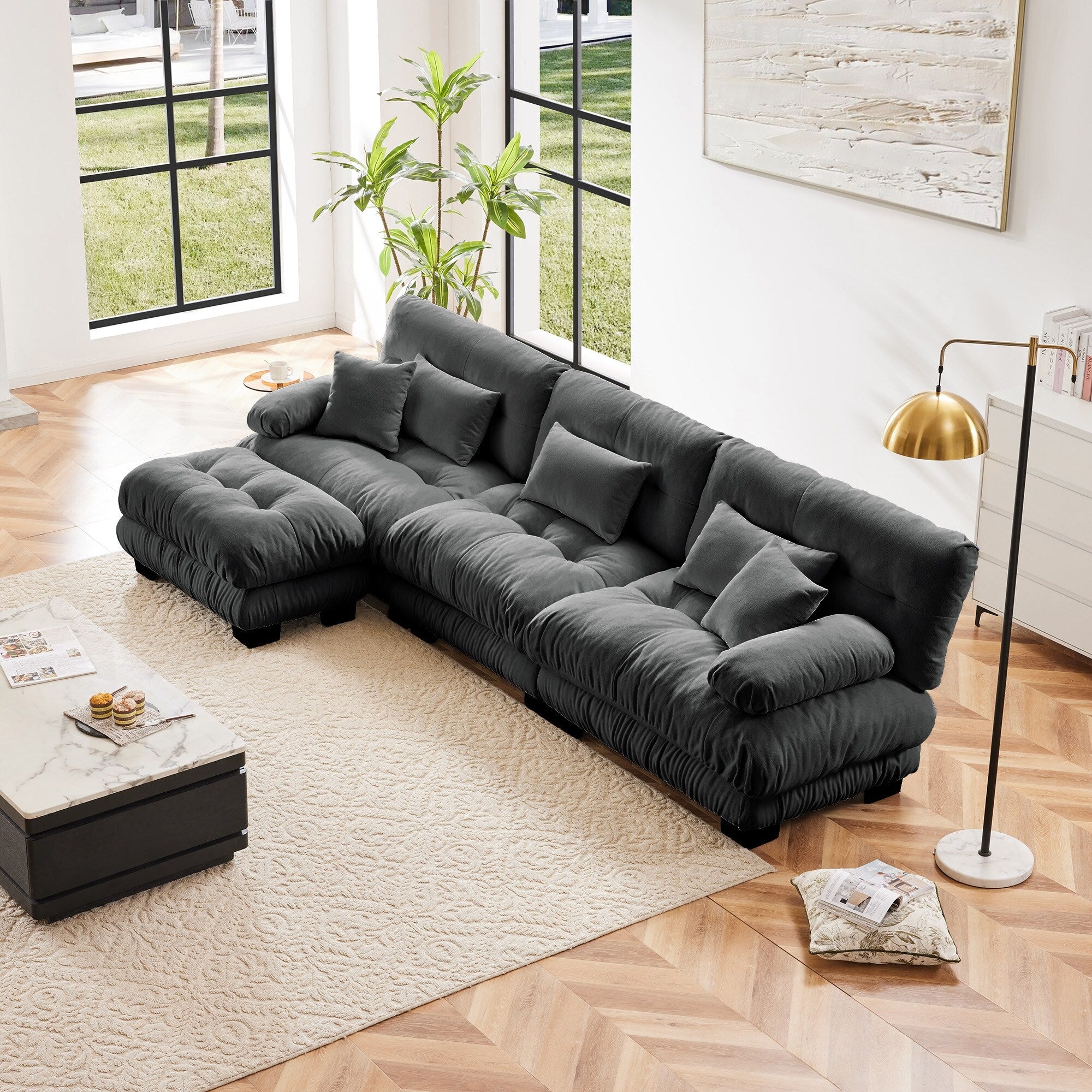 Canapé modulable 3 places, canapé profond en forme de nuage en L avec pouf convertible pour le salon