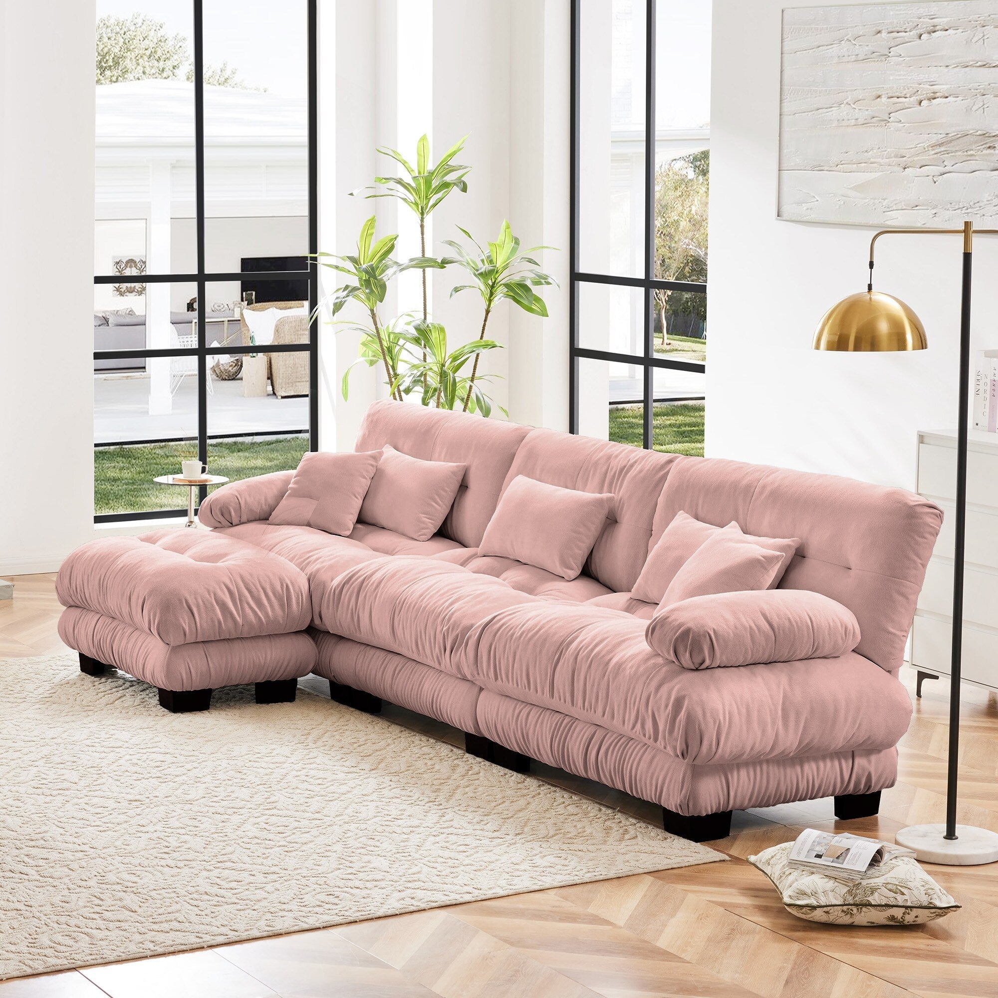 Canapé modulable 3 places, canapé profond en forme de nuage en L avec pouf convertible pour le salon