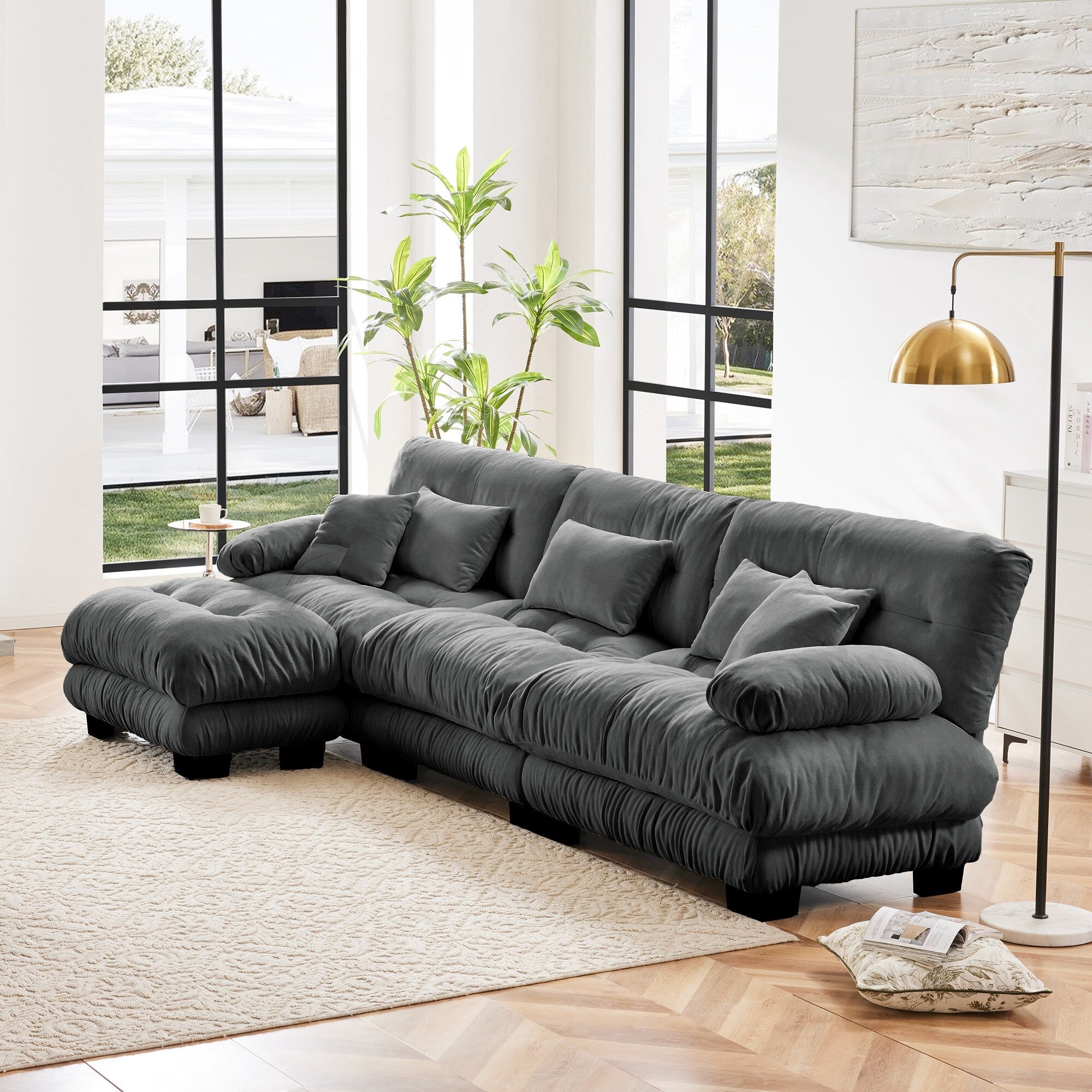 Canapé modulable 3 places, canapé profond en forme de nuage en L avec pouf convertible pour le salon