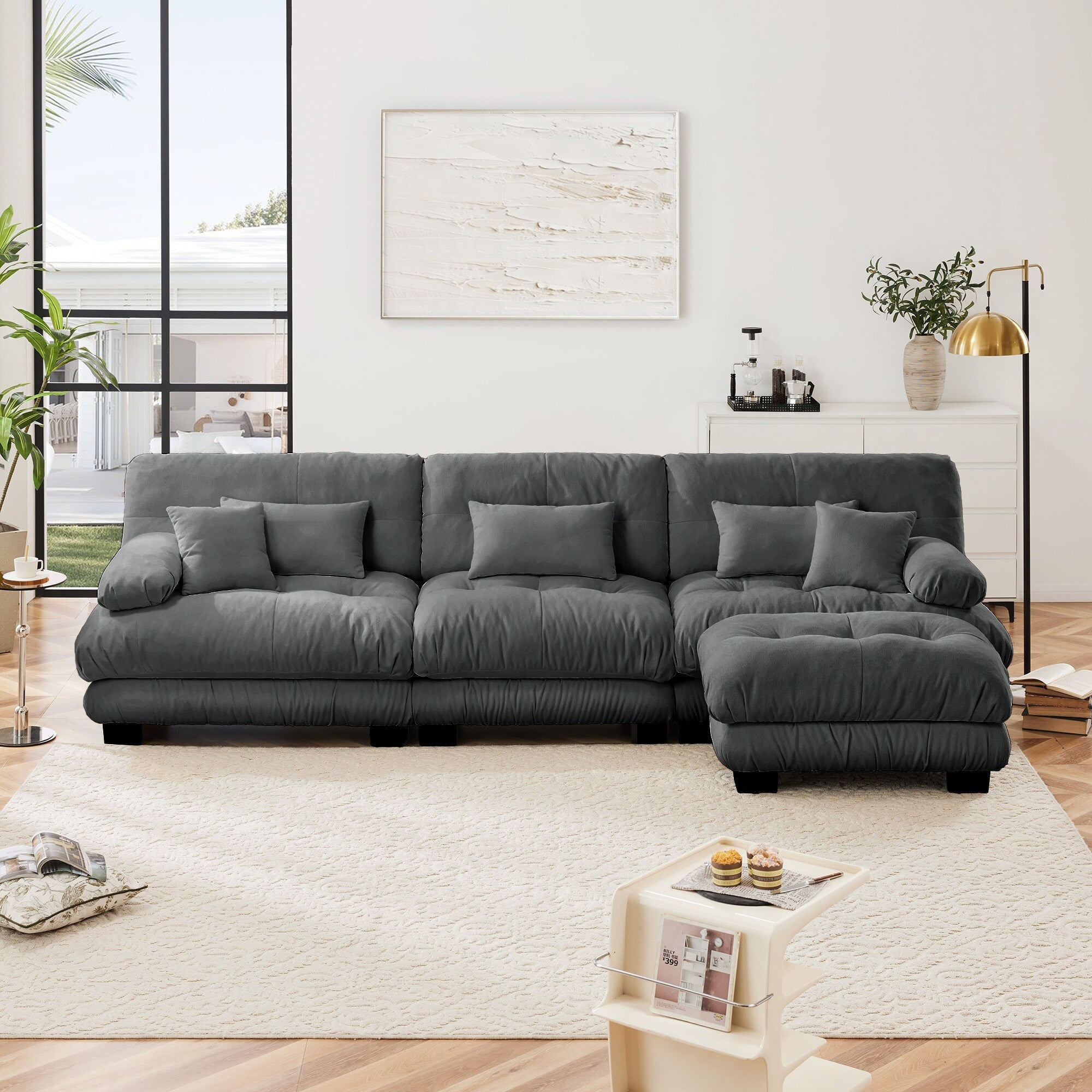 Canapé modulable 3 places, canapé profond en forme de nuage en L avec pouf convertible pour le salon