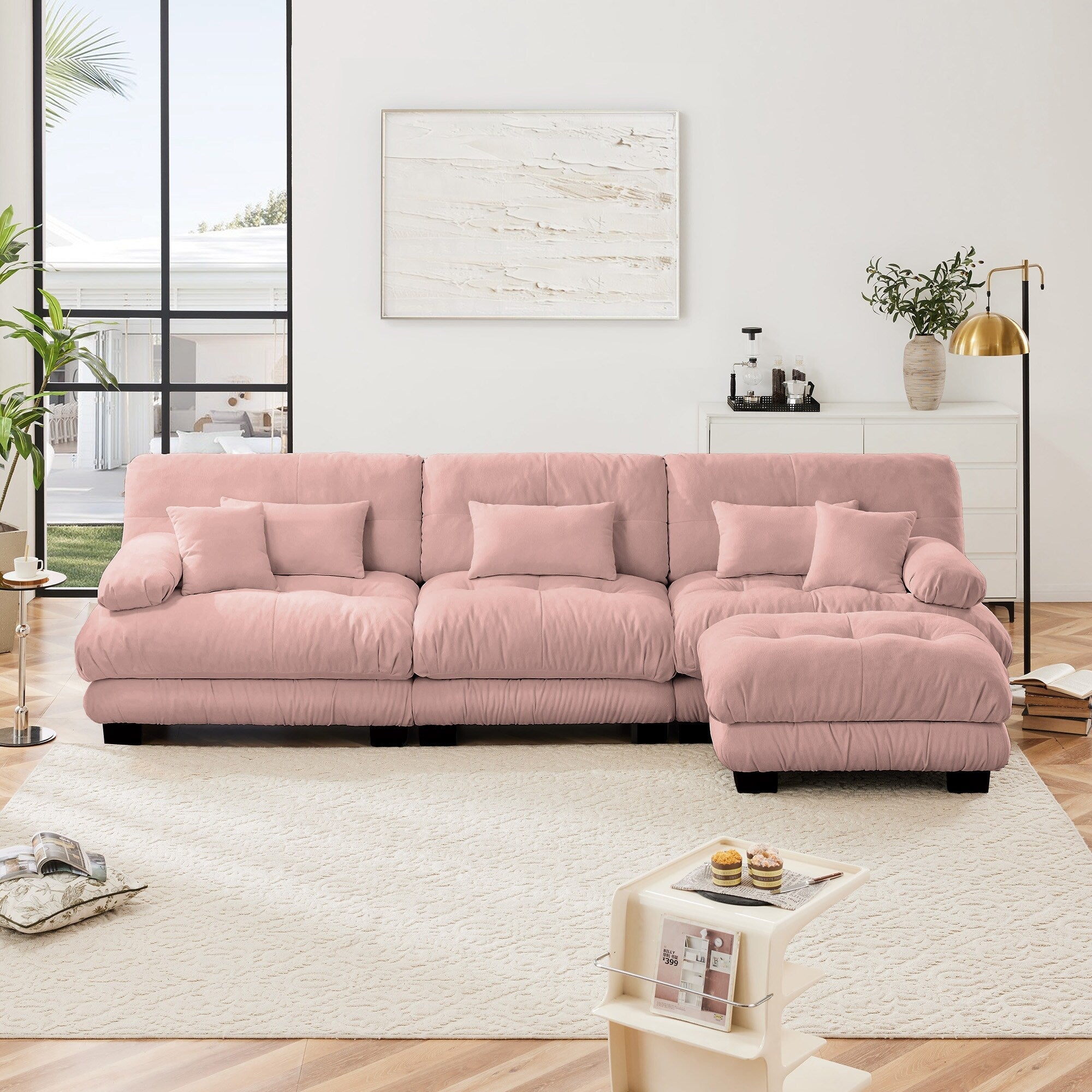 Canapé modulable 3 places, canapé profond en forme de nuage en L avec pouf convertible pour le salon