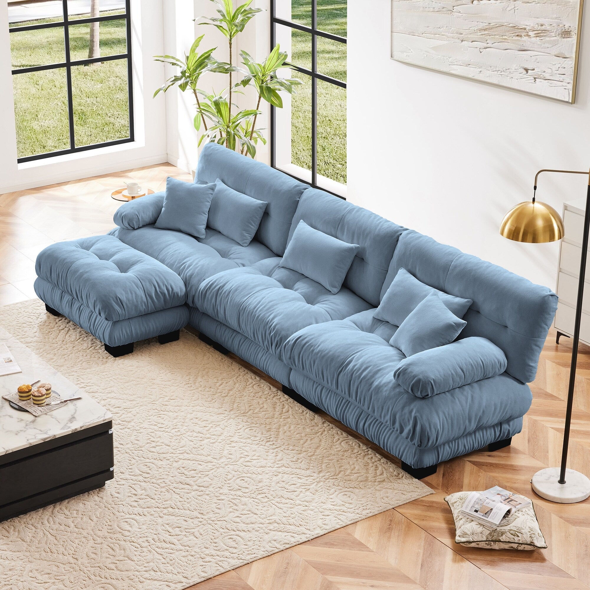 Canapé modulable 3 places, canapé profond en forme de nuage en L avec pouf convertible pour le salon