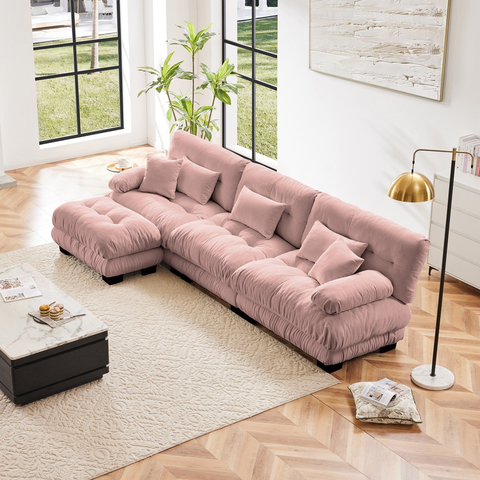 Canapé modulable 3 places, canapé profond en forme de nuage en L avec pouf convertible pour le salon