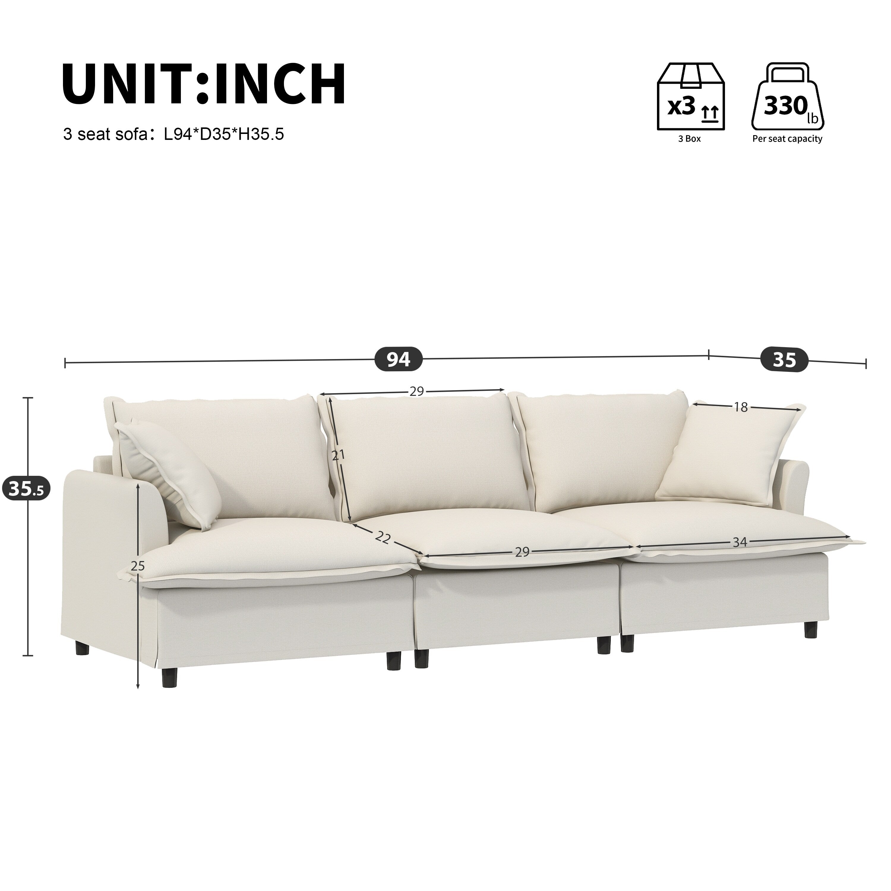 Module de canapé 3 places pour canapé sectionnel modulaire, assise large, canapé nuage en chenille avec coussins décoratifs